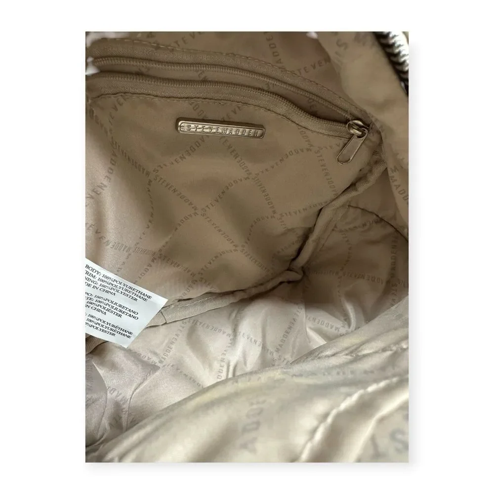 Steve Madden Mini Backpack BBLOGO Embossed Tan Beige Black Gold‎ Hardware